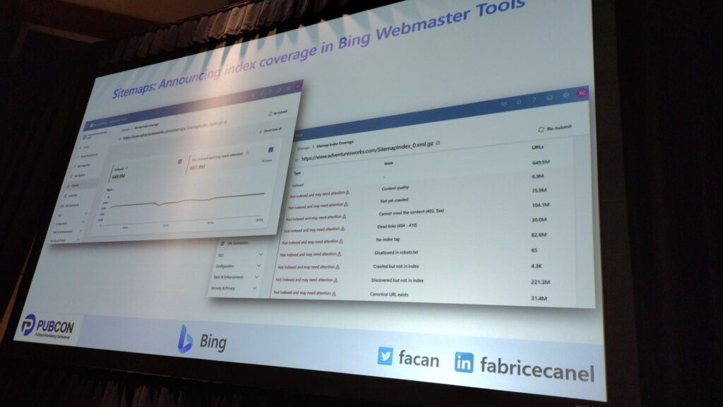 "Image featuring a screenshot of the sitemap index coverage announcement for Bing Webmaster Tools, made by Fabrice Canel at PubCon. The image was shared on Twitter by @facan."