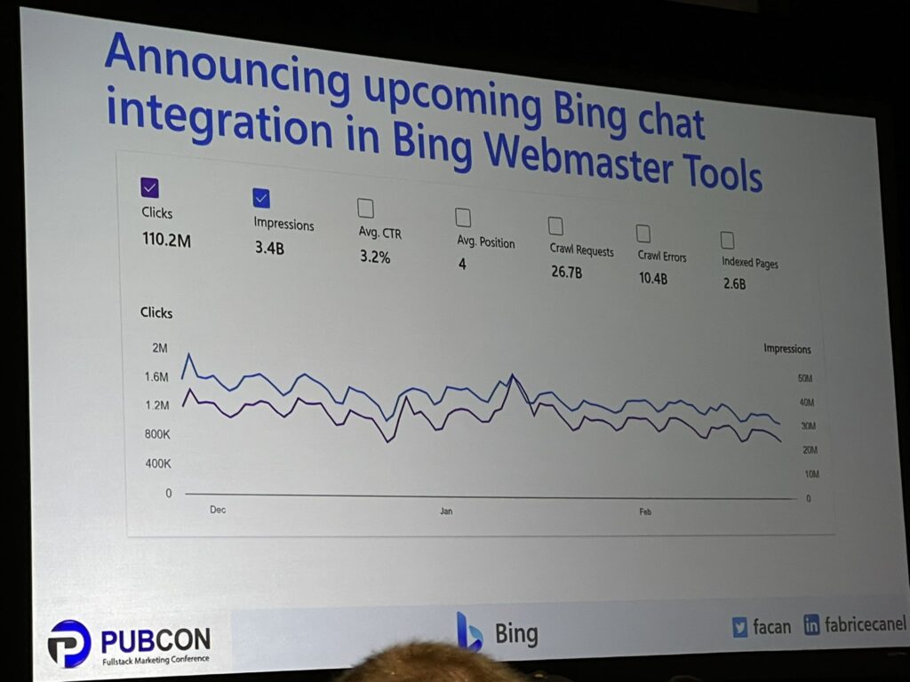Image depicting a screenshot of the Bing Chat integration announcement for Bing Webmaster Tools, which was made during a presentation by Fabrice Canel, the Principal Product Manager at Microsoft Bing, at PubCon Austin."